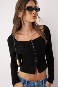TRENDYOLMİLLA Black Crop Square Neck Knitwear Soft textured Fitted/Bodysuit hugging Cardigan