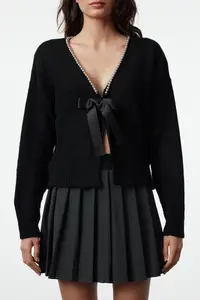 TRENDYOLMİLLA Black Soft textured Ribbon/Bow Detailed Knitwear Cardigan - Image 4