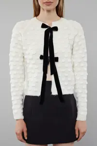 TRENDYOLMİLLA Ecru Soft textured Ribbon/Bow Detailed Knitwear Cardigan - Image 3