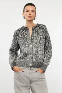 TRENDYOLMİLLA Anthracite Button Detailed Soft Textured Patterned Jacket Look Knitwear Cardigan - Image 3