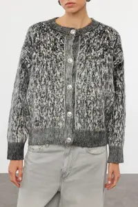TRENDYOLMİLLA Anthracite Button Detailed Soft Textured Patterned Jacket Look Knitwear Cardigan - Image 4