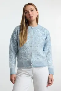 TRENDYOLMİLLA Mavi Button Detailed Soft Textured Patterned Jacket Look Knitwear Cardigan - Image 2