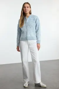 TRENDYOLMİLLA Mavi Button Detailed Soft Textured Patterned Jacket Look Knitwear Cardigan - Image 3