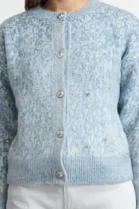 TRENDYOLMİLLA Mavi Button Detailed Soft Textured Patterned Jacket Look Knitwear Cardigan - Image 4