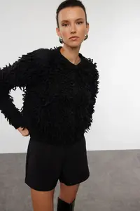 TRENDYOLMİLLA Black Soft textured Tasseled Coat Knitwear Cardigan - Image 2