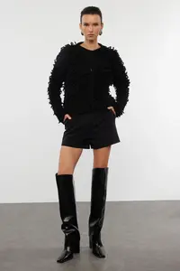 TRENDYOLMİLLA Black Soft textured Tasseled Coat Knitwear Cardigan - Image 3