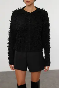 TRENDYOLMİLLA Black Soft textured Tasseled Coat Knitwear Cardigan - Image 4