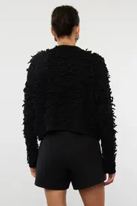 TRENDYOLMİLLA Black Soft textured Tasseled Coat Knitwear Cardigan - Image 6