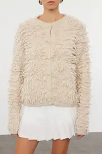 TRENDYOLMİLLA Stone Soft textured Tasseled Coat Knitwear Cardigan - Image 3