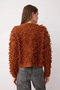TRENDYOLMİLLA Tan Soft textured Tasseled Coat Knitwear Cardigan - Image 4