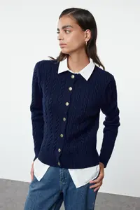 TRENDYOLMİLLA Navy Blue Premium/Special Thread Knitting Detailed Jacket Look Knitwear Cardigan