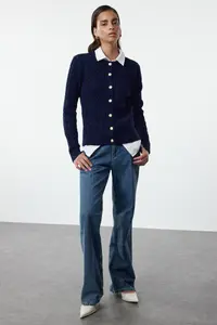 TRENDYOLMİLLA Navy Blue Premium/Special Thread Knitting Detailed Jacket Look Knitwear Cardigan - Image 2