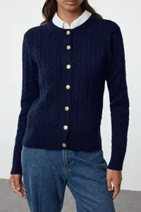TRENDYOLMİLLA Navy Blue Premium/Special Thread Knitting Detailed Jacket Look Knitwear Cardigan - Image 4