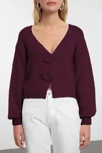 TRENDYOLMİLLA Burgundy Rose Detailed Knitwear Soft textured Cardigan - Image 3