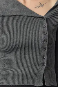 TRENDYOLMİLLA Anthracite Mercerized Look Premium Yarn/Special Yarn Fitted/Bodysuit hugging Knitwear Cardigan - Image 3