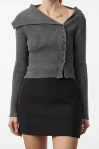 TRENDYOLMİLLA Anthracite Mercerized Look Premium Yarn/Special Yarn Fitted/Bodysuit hugging Knitwear Cardigan - Image 4