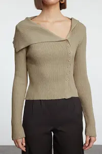 TRENDYOLMİLLA Beige Mercerized Look Premium Yarn/Special Yarn Fitted/Bodysuit hugging Knitwear Cardigan - Image 3