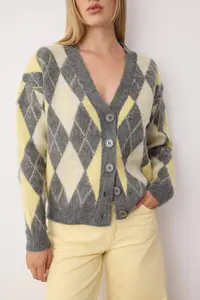 TRENDYOLMİLLA Anthracite V-neck Soft textured Plaid Patterned Knitwear Cardigan - Image 3