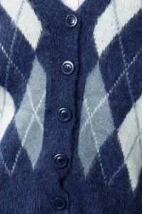 TRENDYOLMİLLA Dark Blue V-neck Soft textured Plaid Patterned Knitwear Cardigan - Image 4