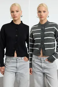 TRENDYOLMİLLA Black-Anthracite Soft textured 2 Sets Pack Crew Neck Knitwear Cardigan