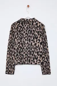 TRENDYOLMİLLA Brown Leopard Patterned Polo Shirt Collar Knitwear Cardigan - Image 7