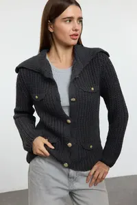 TRENDYOLMİLLA Anthracite Pocket Detail Knitwear Cardigan - Image 2