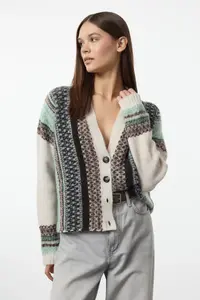 TRENDYOLMİLLA Ecru Wide Pattern Soft textured Patterned V-neck Knitwear Cardigan