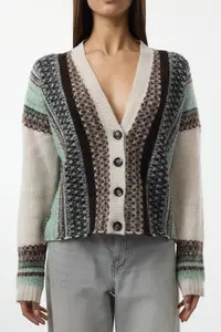 TRENDYOLMİLLA Ecru Wide Pattern Soft textured Patterned V-neck Knitwear Cardigan - Image 3