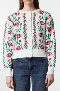 TRENDYOLMİLLA Ecru Soft textured Floral Knitwear Cardigan - Image 4