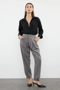 TRENDYOLMİLLA Gray Premium Stitching Detailed Elastic Waist High Waist Balloon jeans