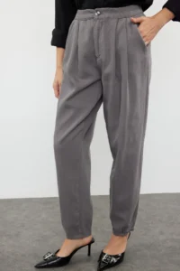 TRENDYOLMİLLA Gray Premium Stitching Detailed Elastic Waist High Waist Balloon jeans - Image 3