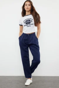 TRENDYOLMİLLA Navy Blue Premium Stitching Detailed Elastic Waist High Waist Balloon jeans