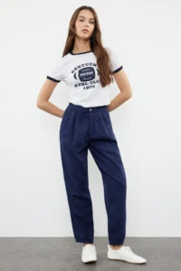 TRENDYOLMİLLA Navy Blue Premium Stitching Detailed Elastic Waist High Waist Balloon jeans - Image 2