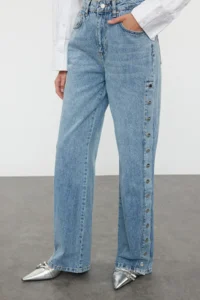 TRENDYOLMİLLA Mavi More Sustainable Accessory Detailed High Waist Wide Leg jeans - Image 3