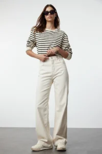 TRENDYOLMİLLA Ecru Waist Detailed High Waist Wide Leg Wide Leg 100% Cotton Non-Stretch jeans