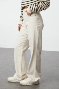 TRENDYOLMİLLA Ecru Waist Detailed High Waist Wide Leg Wide Leg 100% Cotton Non-Stretch jeans - Image 4
