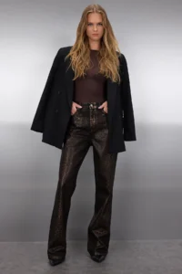 TRENDYOLMİLLA Brown Leopard foil Printed High Waist Wide Leg jeans
