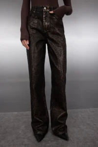 TRENDYOLMİLLA Brown Leopard foil Printed High Waist Wide Leg jeans - Image 3