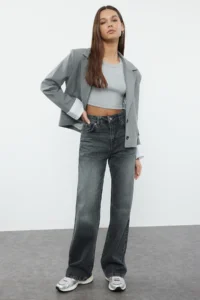 TRENDYOLMİLLA Anthracite High Waist Wide Leg Wide Leg 100% Cotton Non-Stretch jeans