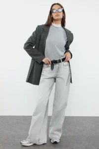 TRENDYOLMİLLA Gray High Waist Ekstra Wide Leg Wide Leg Palazzo Pants Wide Leg 100% Cotton jeans - Image 2