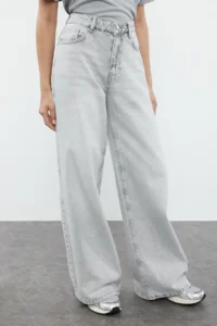 TRENDYOLMİLLA Gray High Waist Ekstra Wide Leg Wide Leg Palazzo Pants Wide Leg 100% Cotton jeans - Image 3