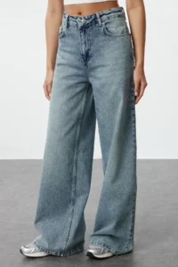 TRENDYOLMİLLA Mavi Regular Waist Ekstra Wide Leg Palazzo Pants Wide Leg 100% Cotton Non-Stretch jeans - Image 3
