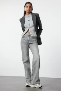 TRENDYOLMİLLA Gray High Waist Wide Leg Wide Leg 100% Cotton Non-Stretch jeans - Image 5