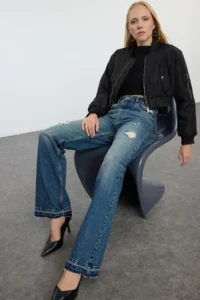 TRENDYOLMİLLA Dark Blue Ripped Regular Waist Wide Leg Wide Leg 100% Cotton Non-Stretch jeans