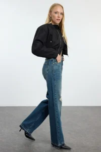 TRENDYOLMİLLA Dark Blue Ripped Regular Waist Wide Leg Wide Leg 100% Cotton Non-Stretch jeans - Image 2