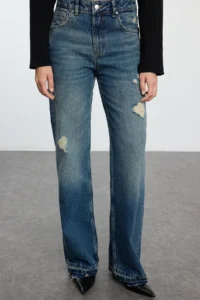 TRENDYOLMİLLA Dark Blue Ripped Regular Waist Wide Leg Wide Leg 100% Cotton Non-Stretch jeans - Image 3