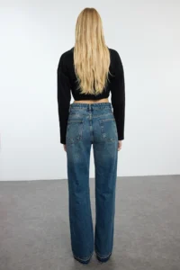 TRENDYOLMİLLA Dark Blue Ripped Regular Waist Wide Leg Wide Leg 100% Cotton Non-Stretch jeans - Image 5