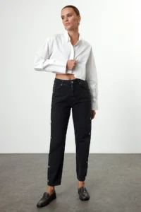 TRENDYOLMİLLA Black Stone High Waist Mom 100% Cotton Non-Stretch jeans - Image 2