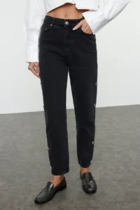 TRENDYOLMİLLA Black Stone High Waist Mom 100% Cotton Non-Stretch jeans - Image 3