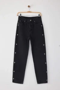 TRENDYOLMİLLA Black Stone High Waist Mom 100% Cotton Non-Stretch jeans - Image 6